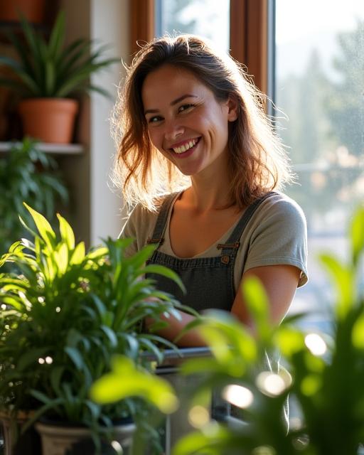 The founder of Meridian Sprout arranging plants in the sunlit store.